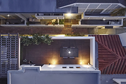 High-end real estate photography birds eye view of condo deck in West Hollywood, CA. by Tom Hunter Photography